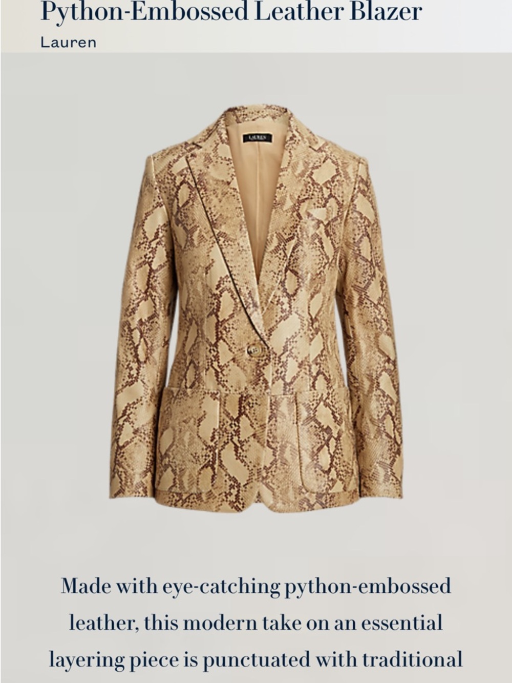 Authentic Lauren Ralph Lauren Python-Embossed Leather Neutral Snake-Print Blazer - Picture 13 of 15